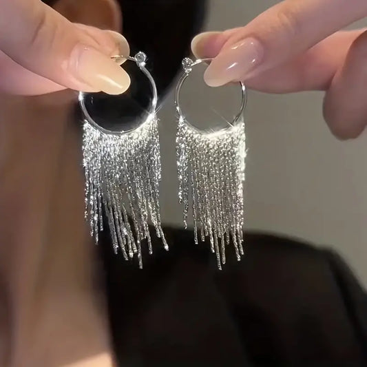 Silvery Sparkling Tassel Design Dangle Earrings